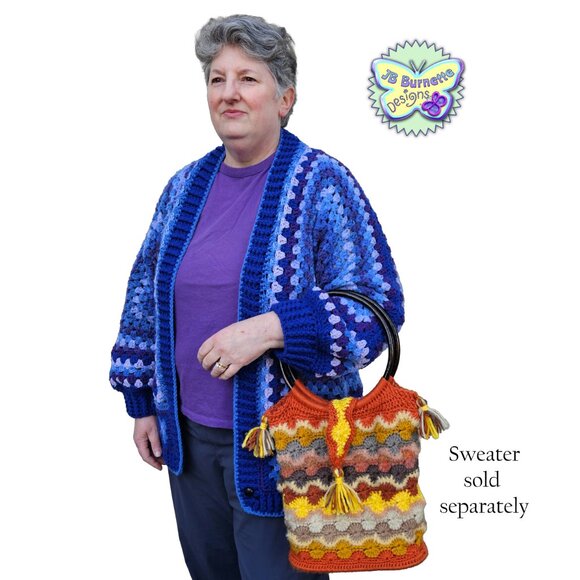 Handmade Crochet Starburst Bag, Wood Handle Purse, Solid Bottom Handbag Tote - Picture 3 of 9